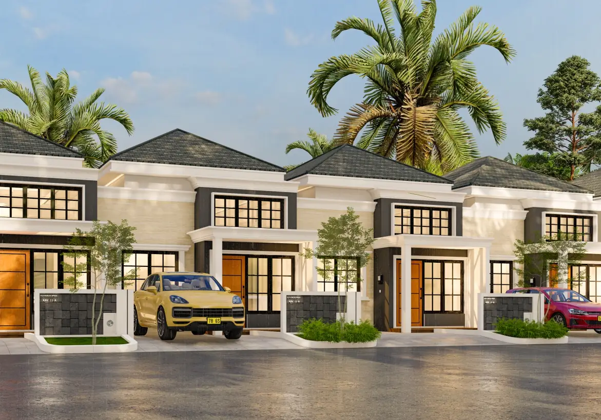 Ilustrasi 3D deretan rumah Villa Puncak Annisa dengan fasad putih, atap genteng gelap, dan pohon palem